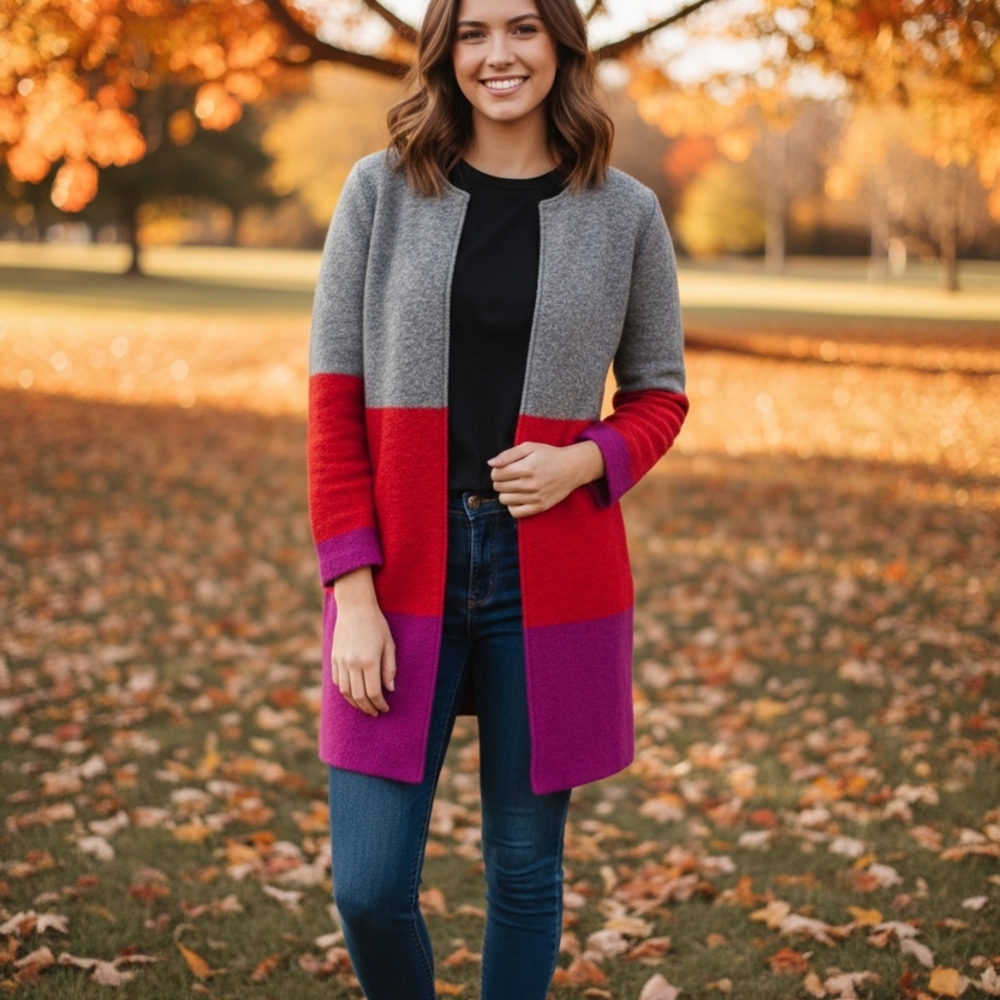 Max Studio Colorblock Boiled Wool Blend Open Front Cardigan Size SMALL